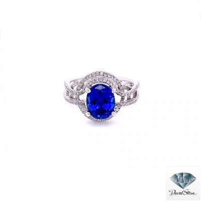 2.10 CT Oval Lab Grown Chatham Sapphire Faceted Couture Ring in 14kt White Gold with Diamonds