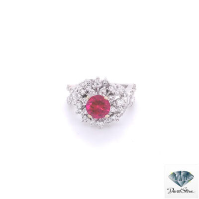 1.00 CT Round Chatham Ruby Faceted Cluster Ring in 14kt White Gold.