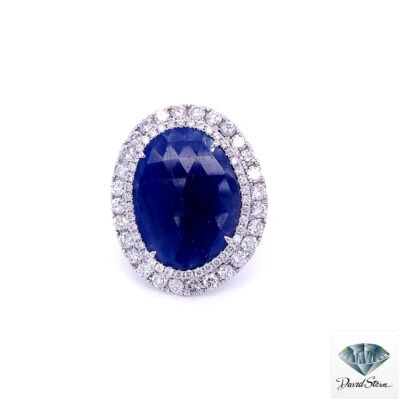 8 CT Custom Oval Sapphire Faceted cabochon Couture Ring in 14kt White Gold.